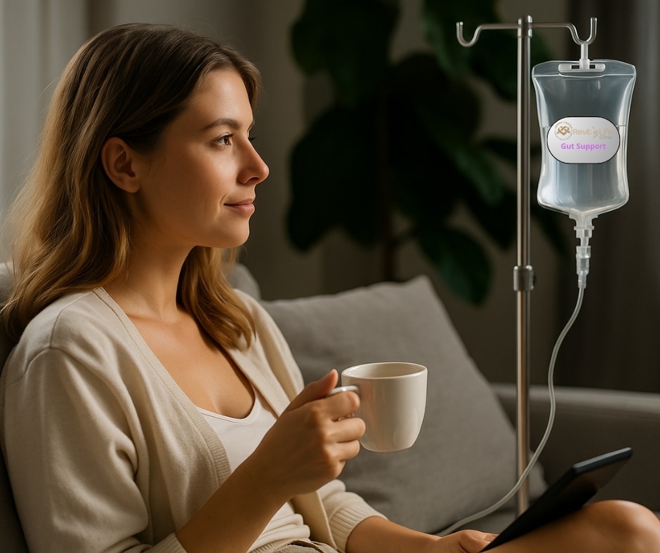 Gut Support Drip 🌿 Relief and balance for your digestive system Key Ingredients: L-Glutamine, DMSO, MSM, Zinc, B Vitamins Benefits: Soothes gut inflammation and restores balance. Relieves symptoms of IBS and leaky gut. Improves nutrient absorption from food. Supports digestive recovery after surgery or chronic conditions.